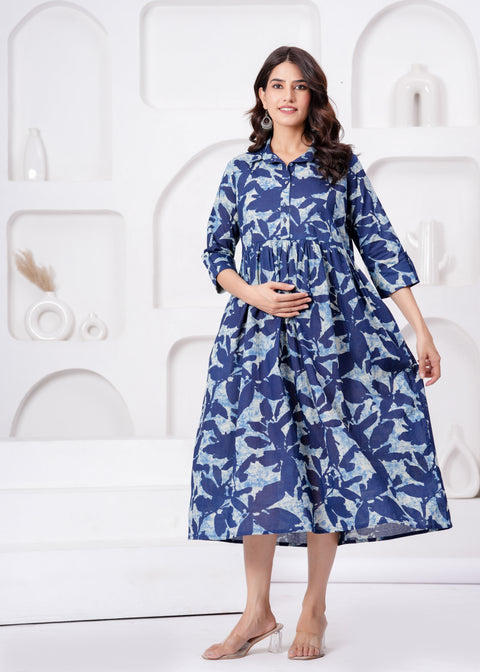 Blue Printed Flared Maternity Dress For Women