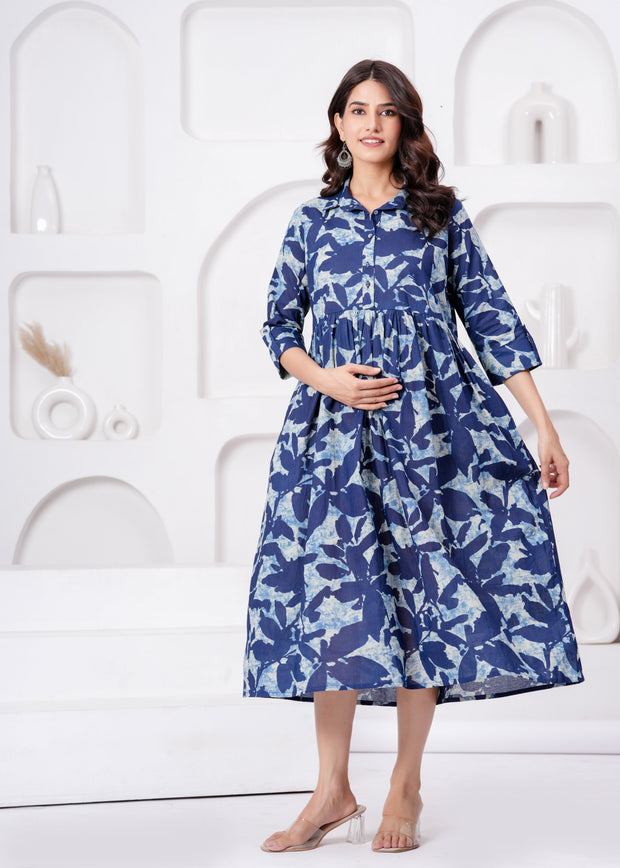 Blue Printed Flared Maternity Dress For Women