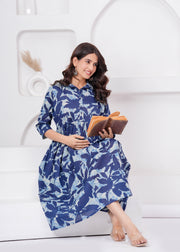 Blue Printed Flared Maternity Dress For Women