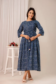 Blue Printed Maternity Dress fro Women