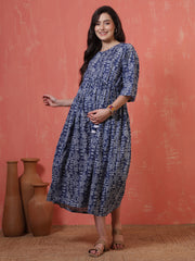 Blue Printed Maternity Dress fro Women