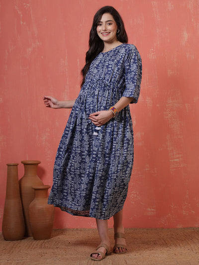 Blue Printed Maternity Dress fro Women