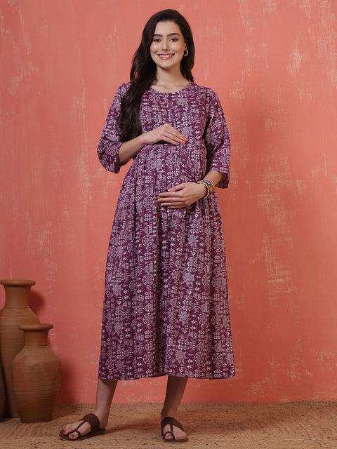 Purple Printed Maternity Dress for Women