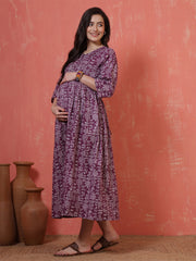 Purple Printed Maternity Dress for Women