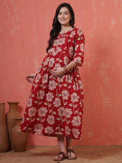 Red Floral Printed Maternity Dress fro Women