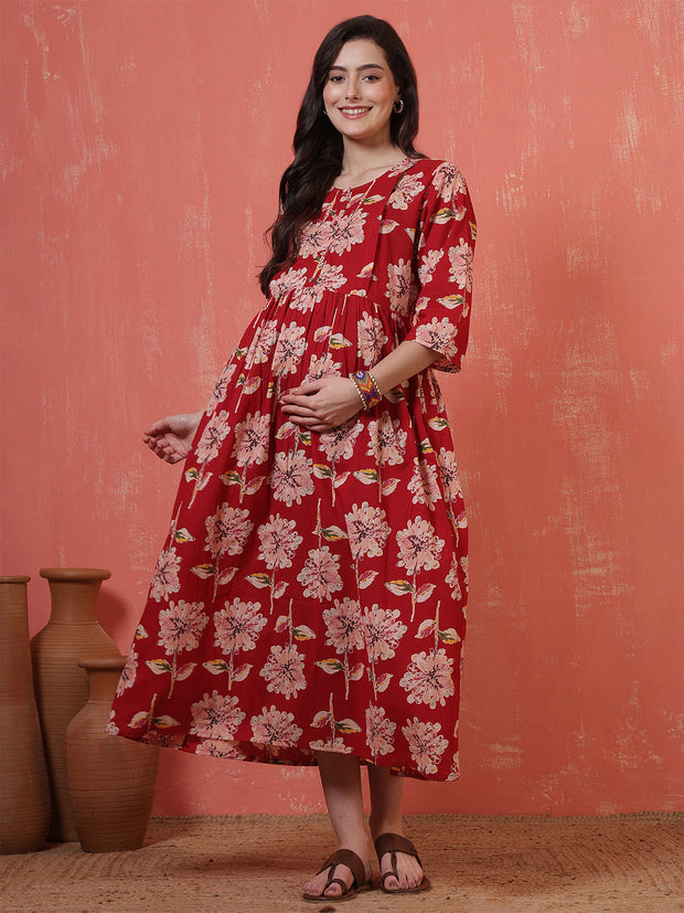 Red Floral Printed Maternity Dress fro Women