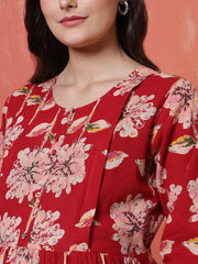 Red Floral Printed Maternity Dress fro Women