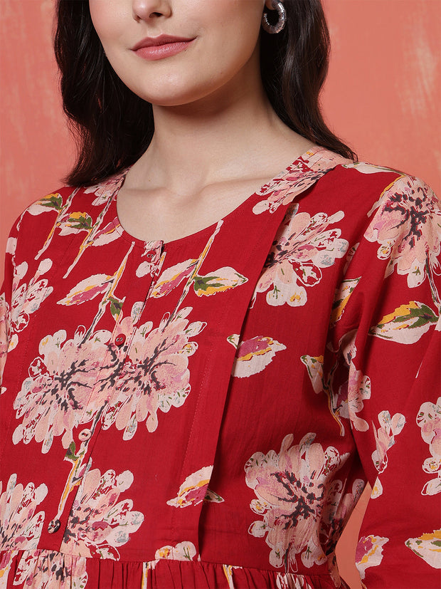 Red Floral Printed Maternity Dress fro Women