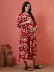 Red Floral Printed Maternity Dress fro Women