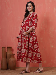 Red Floral Printed Maternity Dress fro Women