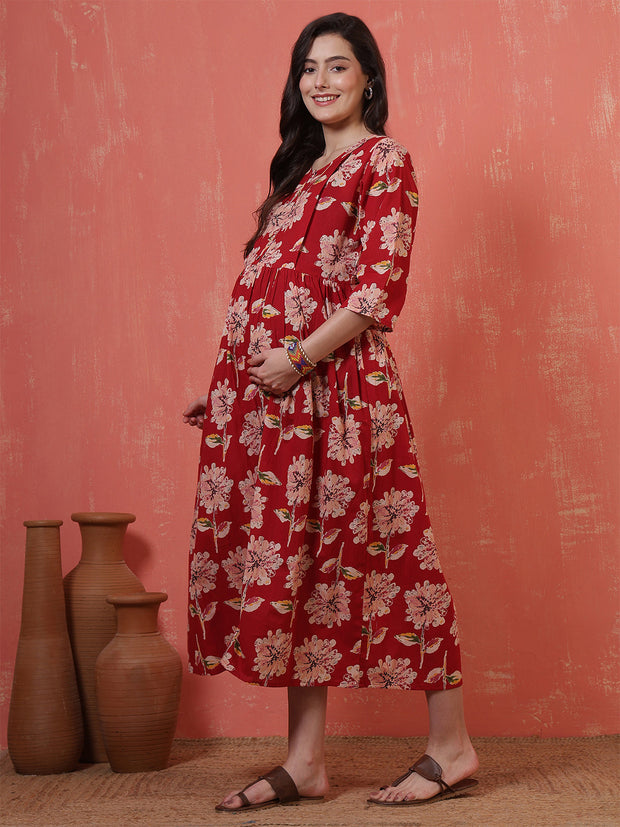 Red Floral Printed Maternity Dress fro Women