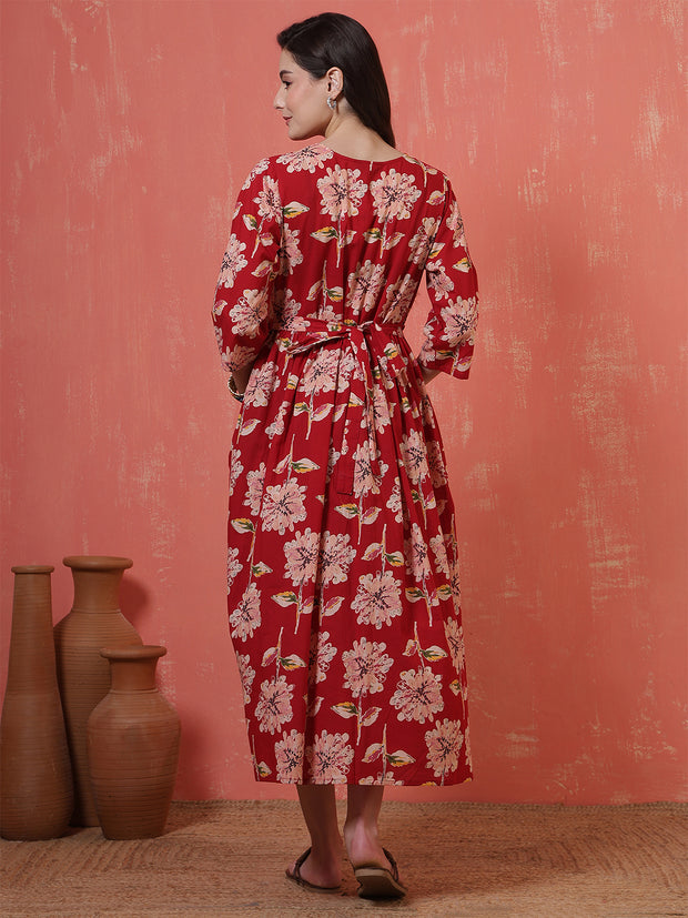 Red Floral Printed Maternity Dress fro Women