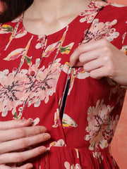 Red Floral Printed Maternity Dress fro Women