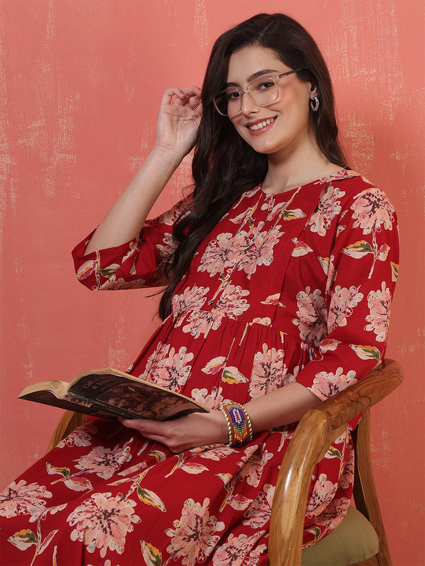 Red Floral Printed Maternity Dress fro Women