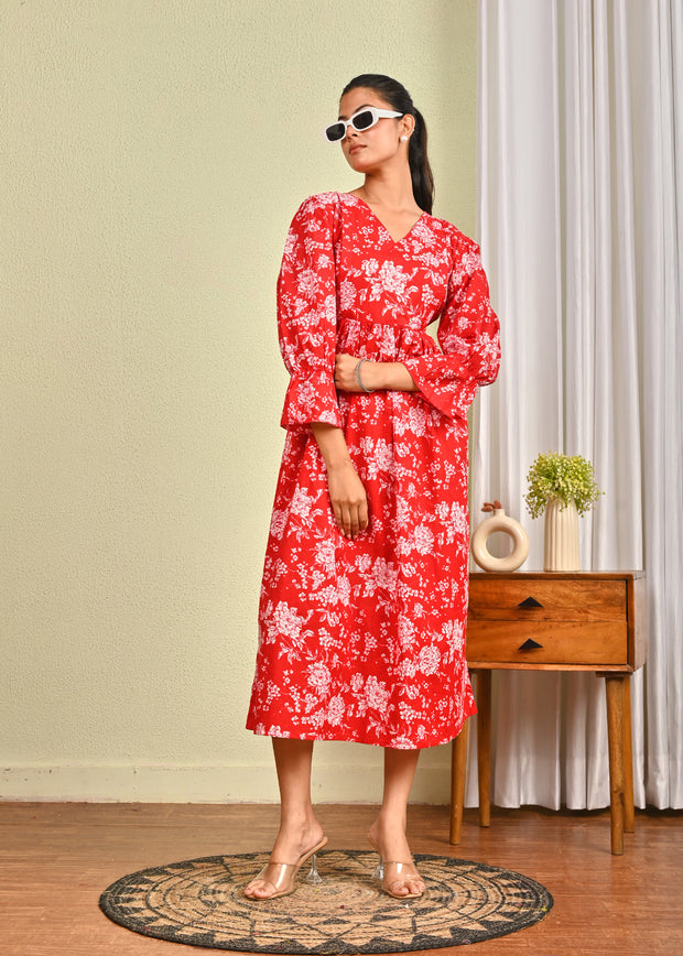 Women Red Printed Flared Dress