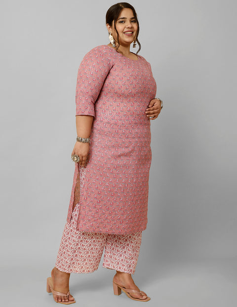 Women Plus Size Pink Printed Kurta And Palazzo With Dupatta