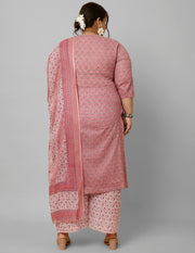 Women Plus Size Pink Printed Kurta And Palazzo With Dupatta