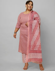 Women Plus Size Pink Printed Kurta And Palazzo With Dupatta