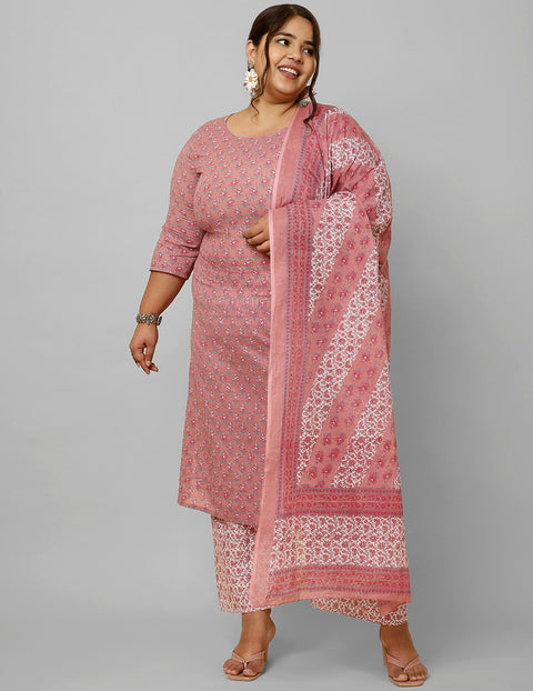 Women Plus Size Pink Printed Kurta And Palazzo With Dupatta