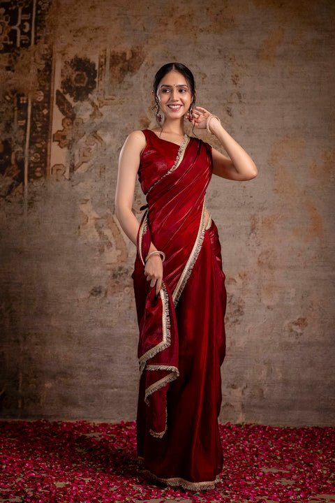 Maroon Saree embellished with lace & Unstitched blouse