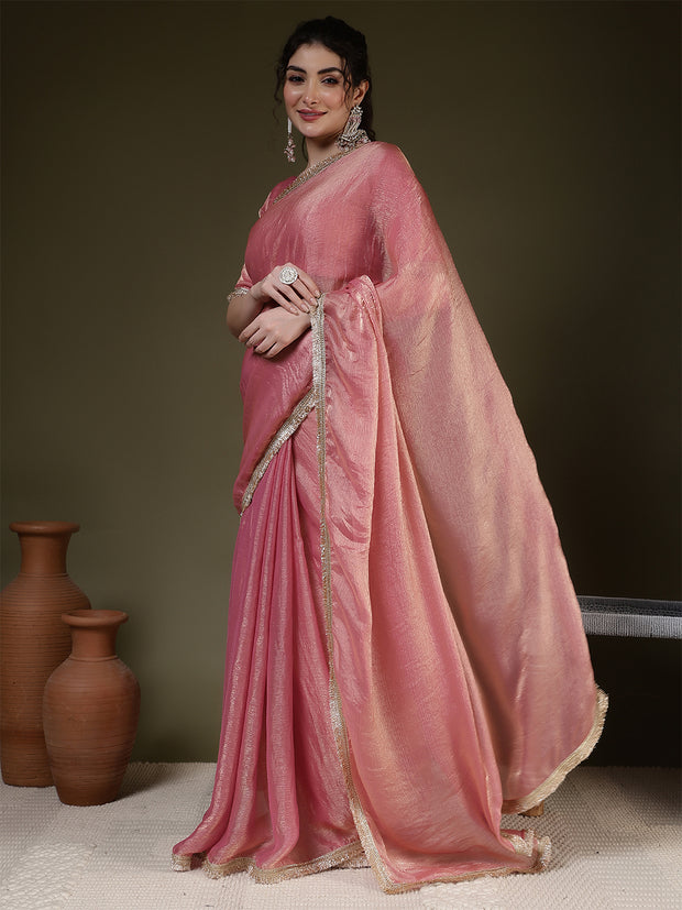 Pink Saree embellished with lace & Unstitched blouse