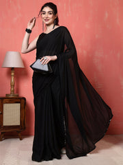 Black Saree embellished with lace & Unstitched blouse