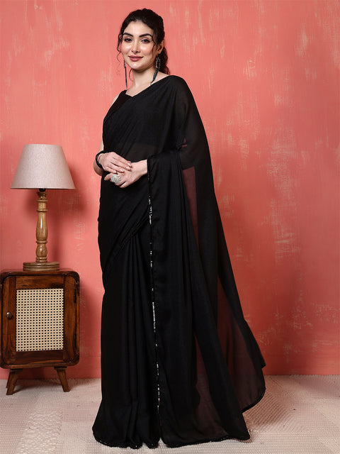 Black Saree embellished with lace & Unstitched blouse