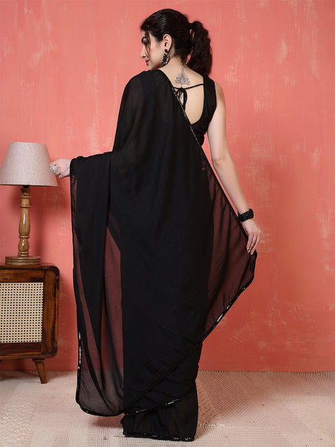 Black Saree embellished with lace & Unstitched blouse