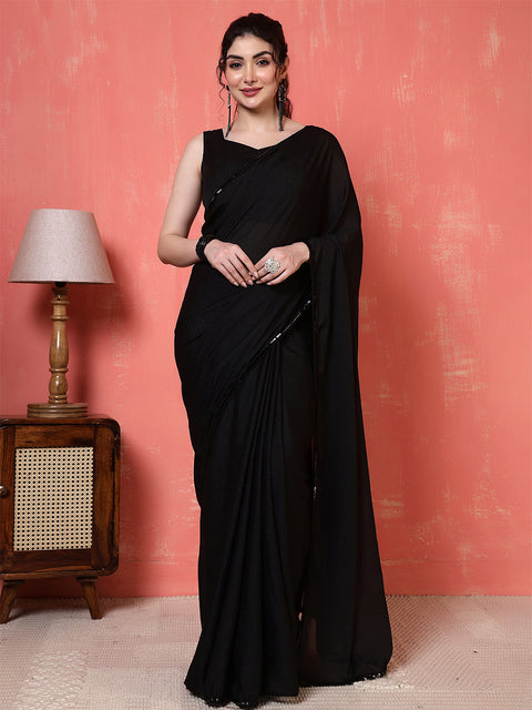 Black Saree embellished with lace & Unstitched blouse