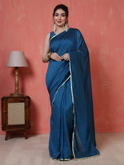 Teal Blue Saree embellished with lace & Unstitched blouse