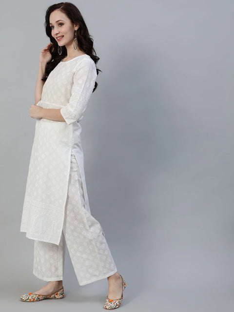 Women Off White Straight Block Print Pure Cotton Kurta & Palazzos
