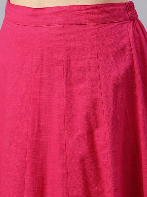 Floral printed round neck 3/4th sleeve with a slit assymetric kurta with solid A-line skirt with gota detailing