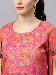 Floral printed round neck 3/4th sleeve with a slit assymetric kurta with solid A-line skirt with gota detailing