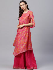 Floral printed round neck 3/4th sleeve with a slit assymetric kurta with solid A-line skirt with gota detailing