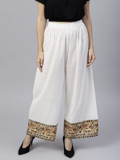 White ankle length cotton regular fit palazzo with border printed