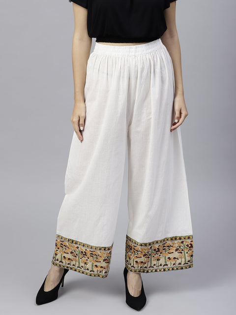 White ankle length cotton regular fit palazzo with border printed