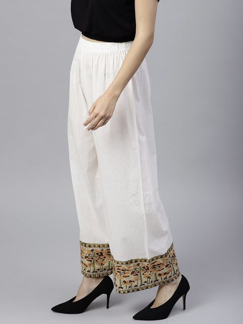 White ankle length cotton regular fit palazzo with border printed