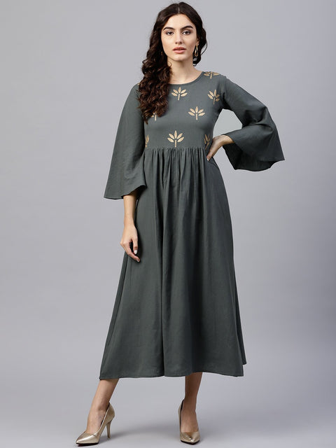 Solid Grey 3/4th sleeve maxi dress with block printed at yoke