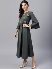 Solid Grey 3/4th sleeve maxi dress with block printed at yoke