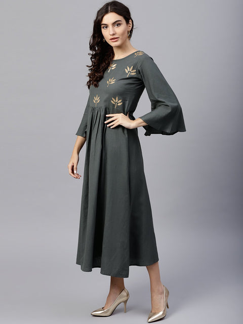 Solid Grey 3/4th sleeve maxi dress with block printed at yoke