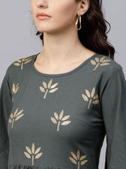 Solid Grey 3/4th sleeve maxi dress with block printed at yoke