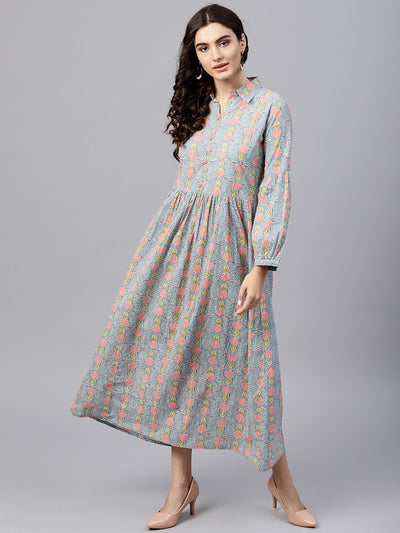 Powder blue printed Maxi Dress with Shirt collar and full sleeves