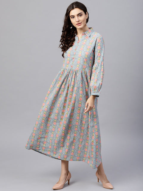 Powder blue printed Maxi Dress with Shirt collar and full sleeves