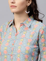 Powder blue printed Maxi Dress with Shirt collar and full sleeves