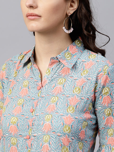 Powder blue printed Maxi Dress with Shirt collar and full sleeves