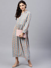 Powder blue printed Maxi Dress with Shirt collar and full sleeves