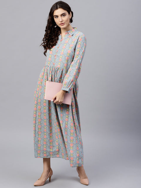 Powder blue printed Maxi Dress with Shirt collar and full sleeves