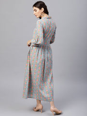 Powder blue printed Maxi Dress with Shirt collar and full sleeves