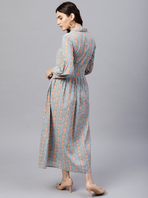 Powder blue printed Maxi Dress with Shirt collar and full sleeves