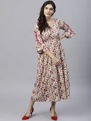 White cotton Floral printed A-Line maxi dress with V-neck and flared Sleeves